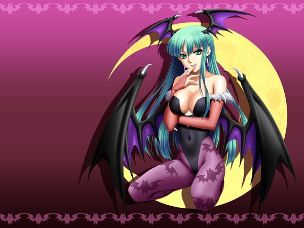 Anime picture 1024x768 with vampire / darkstalkers (game) capcom morrigan aensland long hair breasts light erotic large breasts green eyes cleavage green hair demon girl head wings succubus girl thighhighs gloves pantyhose wings elbow gloves metafalica