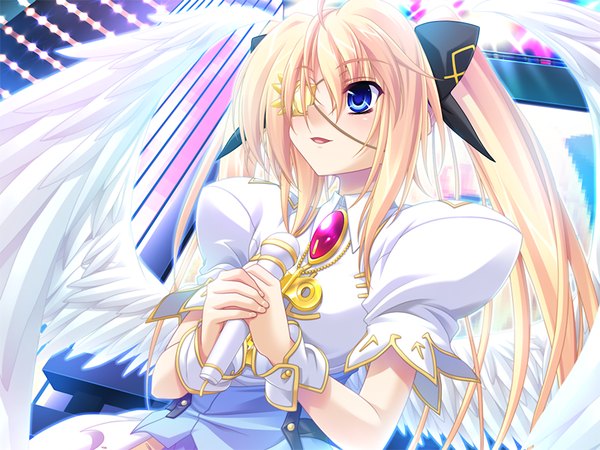 Anime picture 1024x768 with oresama no ragnarock long hair blue eyes blonde hair twintails game cg girl dress wings microphone