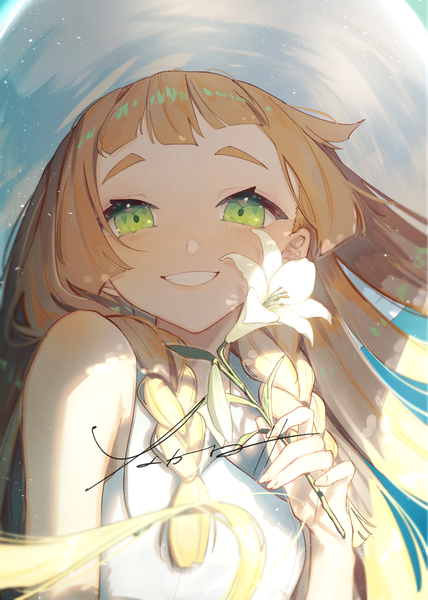Anime picture 1191x1670 with pokemon pokemon sm nintendo lillie (pokemon) nakaba (mode) single long hair tall image looking at viewer blush fringe blonde hair smile holding green eyes signed upper body braid (braids) twin braids grin