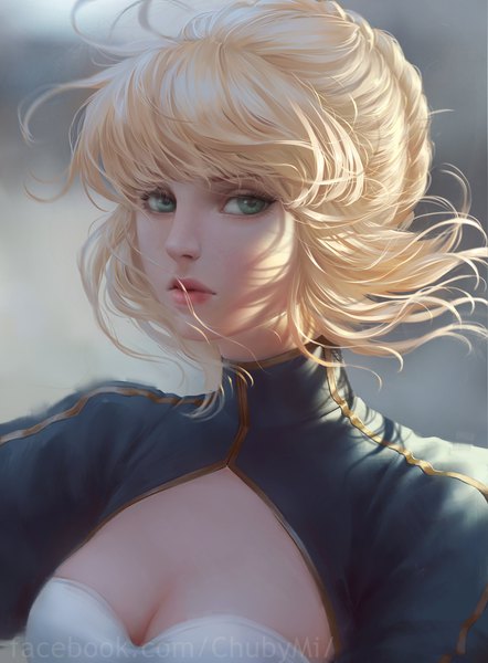Anime-Bild 2000x2718 mit fate (series) fate/stay night artoria pendragon (all) saber chubymi single tall image looking at viewer fringe highres short hair blonde hair green eyes signed cleavage upper body wind lips blurry realistic