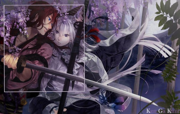 Anime picture 2900x1843 with ken ga kimi kuroba saneaki enishi (ken ga kimi) long hair fringe highres blue eyes purple eyes silver hair red hair traditional clothes profile wind night multiple boys night sky couple pale skin face to face framed