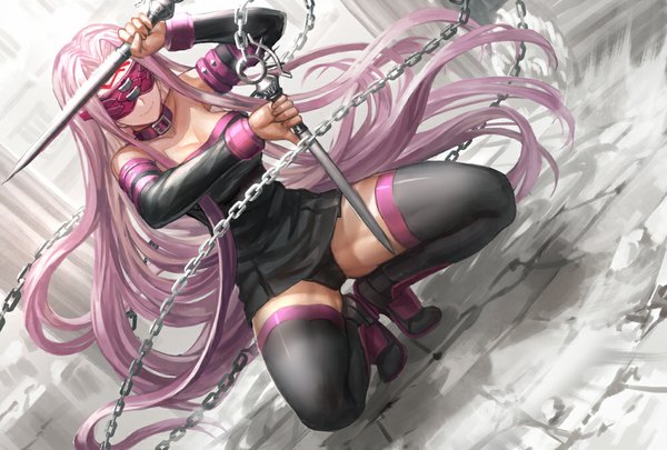 Anime picture 1000x675 with fate (series) fate/stay night type-moon rider infukun single long hair light erotic pink hair dutch angle squat blindfold girl dress weapon boots thigh boots chain short dress