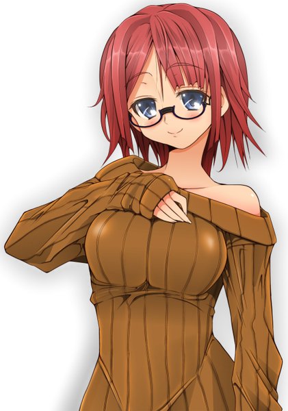 Anime picture 1000x1426 with original naz single tall image blush short hair blue eyes simple background white background red hair girl glasses sweater