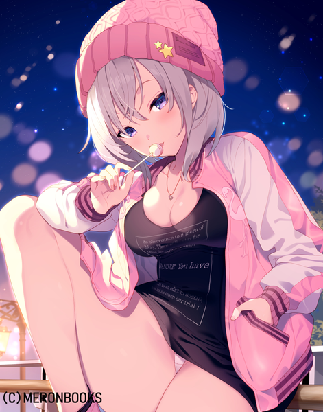 Anime picture 991x1263 with original kat (bu-kunn) single tall image looking at viewer blush fringe short hair breasts blue eyes light erotic hair between eyes sitting cleavage silver hair outdoors night open jacket official art pantyshot