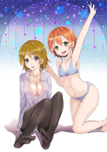 Anime picture 848x1200 with love live! school idol project sunrise (studio) love live! hoshizora rin koizumi hanayo nazhi tall image short hair breasts light erotic blonde hair purple eyes multiple girls green eyes orange hair girl underwear panties 2 girls shirt