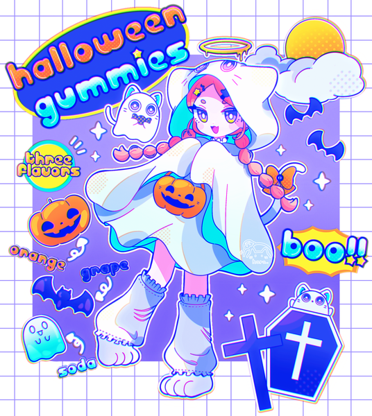 Anime picture 2500x2800 with original 8ra jelly single long hair tall image highres open mouth yellow eyes pink hair full body braid (braids) :d twin braids border halloween outside border girl animal socks halo