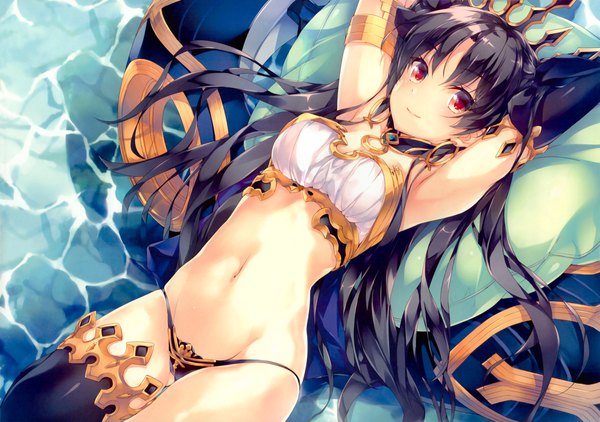 Anime picture 4303x3031 with fate (series) fate/grand order ishtar (fate) amami mikihiro single long hair looking at viewer blush fringe highres breasts light erotic black hair smile red eyes absurdres lying scan arms up armpit (armpits)