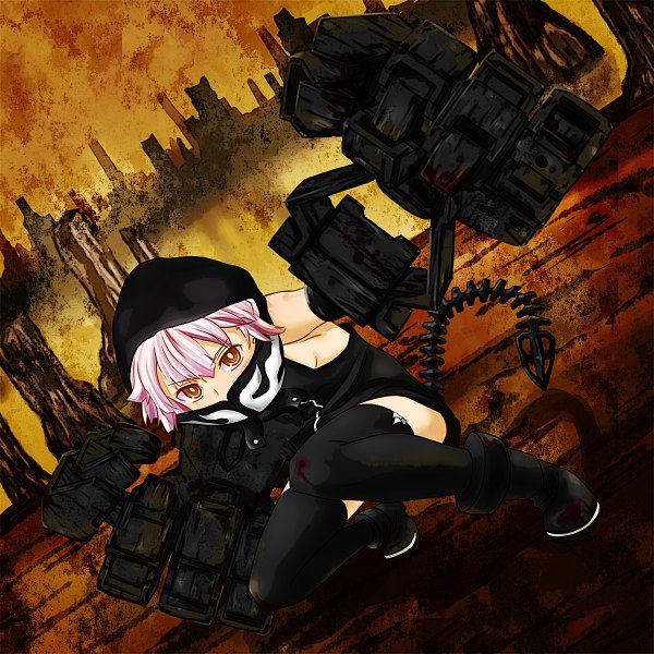 Anime picture 1200x1200 with black rock shooter strength (black rock shooter) single short hair blonde hair pink hair orange eyes mechanical parts girl thighhighs weapon black thighhighs hood chain bikini top