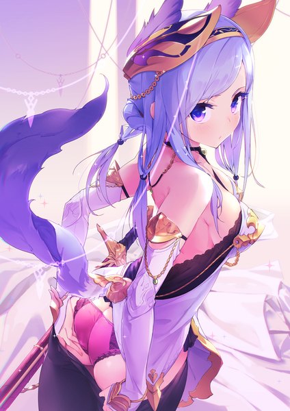 Anime picture 707x1000 with original azumi akitake single long hair tall image looking at viewer blush fringe breasts light erotic large breasts standing purple eyes bare shoulders animal ears payot cleavage purple hair ass tail