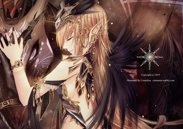 Anime picture 1280x905 with original creamsea long hair fringe breasts blonde hair smile bare shoulders eyes closed nail polish fingernails light smile pointy ears inscription bare back long fingernails girl hair ornament animal feather (feathers)