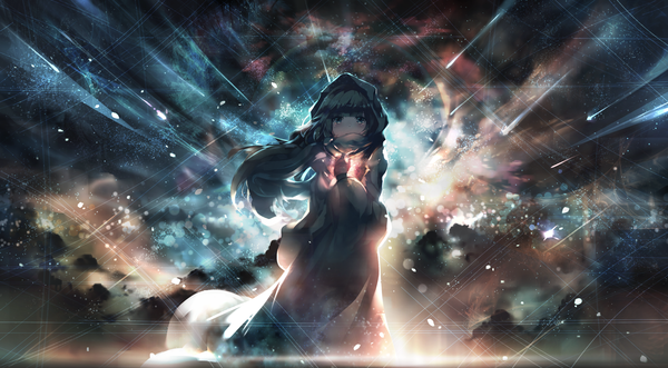 Anime picture 2770x1530 with original c.c.r single long hair looking at viewer fringe highres blue eyes wide image wind night night sky winter city lights dark hair meteor rain girl plant (plants) tree (trees) scarf