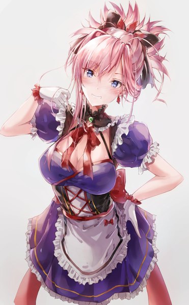 Anime-Bild 800x1293 mit fate (series) fate/grand order miyamoto musashi (fate) namii single long hair tall image looking at viewer blush fringe breasts blue eyes simple background smile large breasts pink hair cleavage upper body head tilt grey background