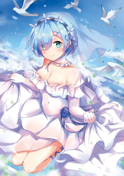 Anime picture 706x1000 with re:zero kara hajimeru isekai seikatsu white fox rem (re:zero) konka single tall image looking at viewer blush fringe short hair blue eyes blue hair hair over one eye girl dress gloves animal elbow gloves white gloves bird (birds)