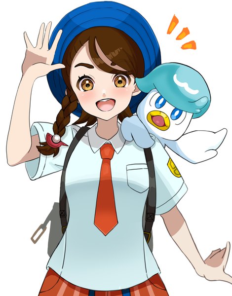 Anime picture 941x1200 with pokemon pokemon (game) pokemon sv nintendo juliana (pokemon) quaxly setta shu single tall image looking at viewer short hair open mouth simple background brown hair white background brown eyes upper body braid (braids) :d side braid