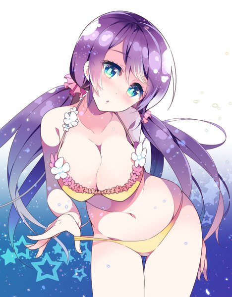 Anime picture 1250x1600 with love live! school idol project sunrise (studio) love live! toujou nozomi haruse hiroki single long hair tall image looking at viewer blush breasts light erotic twintails purple hair aqua eyes :o huge breasts low twintails girl swimsuit