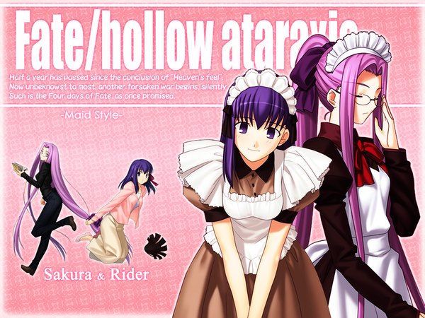 Anime picture 1024x768 with fate (series) fate/stay night fate/hollow ataraxia studio deen type-moon matou sakura rider long hair looking at viewer blush purple eyes multiple girls pink hair purple hair eyes closed very long hair inscription maid dual persona girl