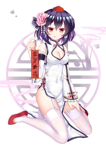 Anime picture 2480x3507 with touhou shameimaru aya binan xian lu single tall image looking at viewer highres short hair breasts light erotic black hair red eyes bare shoulders cleavage full body traditional clothes hair flower kneeling covered navel chinese clothes