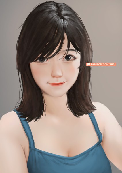 Anime picture 2480x3508 with real life ditta amelia saraswati jubi (regiana) single tall image looking at viewer fringe highres short hair black hair simple background smile signed black eyes realistic grey background mole lipstick portrait no glasses