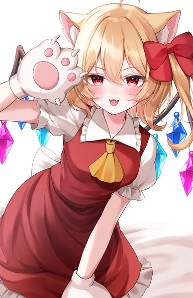 Anime picture 1940x3001 with touhou flandre scarlet naarsann single tall image blush fringe highres short hair open mouth blonde hair hair between eyes red eyes animal ears ahoge :d cat ears one side up kemonomimi mode nekomimi mode