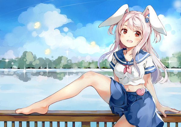 Anime picture 1920x1354 with warship girls r changchun (warship girls r) situmey single long hair looking at viewer blush fringe highres breasts open mouth smile red eyes sitting animal ears payot pink hair sky cloud (clouds) bent knee (knees)