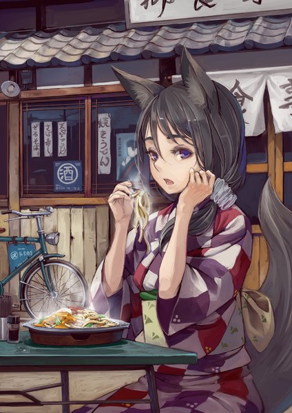 Anime picture 707x1000 with original suzuno (bookshelf) single long hair tall image looking at viewer sitting purple eyes animal ears ponytail tail traditional clothes japanese clothes animal tail grey hair fox ears fox tail girl food obi