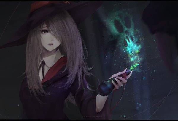 Anime picture 4300x2935 with little witch academia studio trigger sucy manbavaran aoi ogata single long hair fringe highres brown hair holding brown eyes signed looking away absurdres upper body parted lips light smile hair over one eye wide sleeves teeth