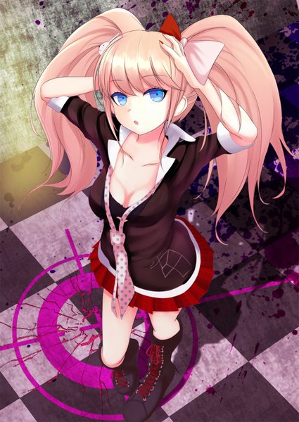Anime picture 1062x1500 with dangan ronpa enoshima junko single long hair tall image looking at viewer open mouth blue eyes blonde hair twintails full body checkered floor girl skirt bow hair bow necktie boots red skirt