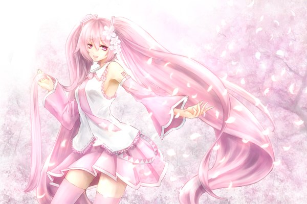 Anime picture 1200x800 with vocaloid hatsune miku sakura miku mia (yanaginiame) single open mouth twintails pink hair very long hair pink eyes cherry blossoms girl thighhighs skirt flower (flowers) plant (plants) detached sleeves petals tree (trees) necktie