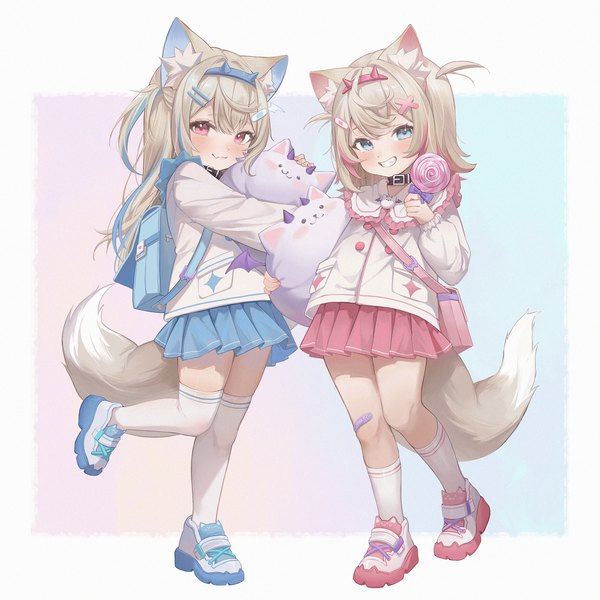 Anime picture 3307x3307 with virtual youtuber hololive hololive english mococo abyssgard fuwawa abyssgard perroccino (fuwamoco) midori xu long hair fringe highres short hair blue eyes simple background blonde hair smile hair between eyes standing multiple girls animal ears absurdres