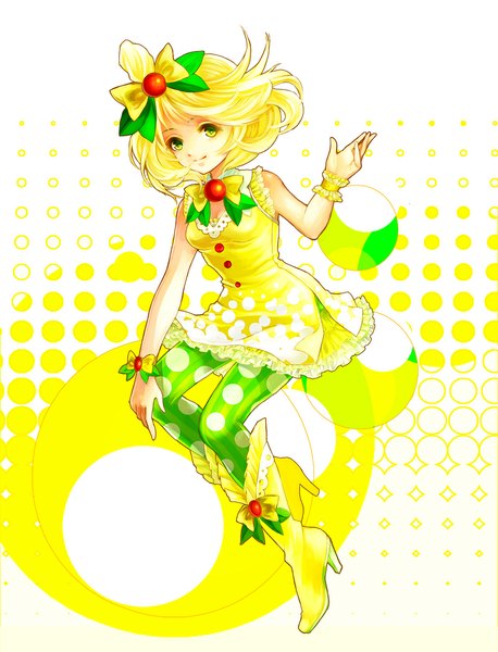 Anime picture 800x1048 with original c.c. lemon c.c. lemon (character) awa toka single tall image short hair blonde hair smile yellow eyes hair bun (hair buns) polka dot girl dress bow hair bow pantyhose knee boots polka dot legwear