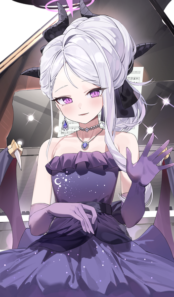 Anime-Bild 2431x4144 mit blue archive hina (blue archive) hina (dress) (blue archive) rivet (vvrn2825) single long hair tall image looking at viewer highres purple eyes silver hair horn (horns) official alternate costume girl dress gloves earrings wings elbow gloves necklace