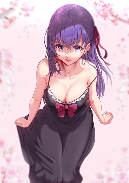 Anime picture 2480x3508 with fate (series) fate/stay night matou sakura solar (happymonk) single long hair tall image looking at viewer fringe highres breasts open mouth light erotic simple background smile hair between eyes large breasts sitting purple eyes bare shoulders