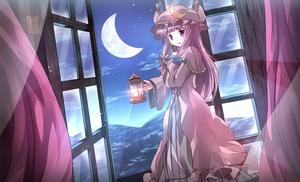Anime picture 2066x1254 with touhou patchouli knowledge risutaru single long hair looking at viewer blush fringe highres open mouth wide image standing purple eyes purple hair cloud (clouds) indoors blunt bangs long sleeves night night sky