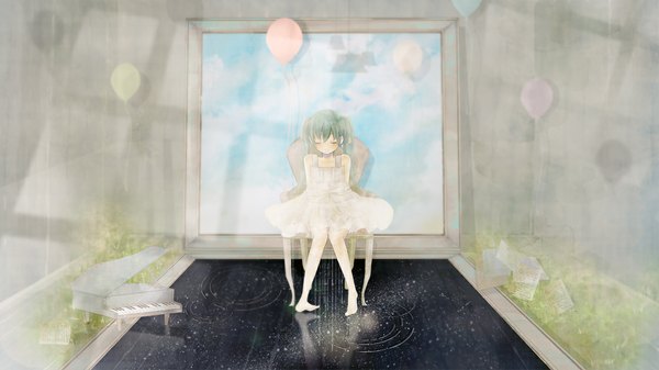 Anime picture 1120x630 with vocaloid hatsune miku penchop single long hair blush wide image sitting sky cloud (clouds) eyes closed aqua hair reflection girl chair sundress room balloon piano