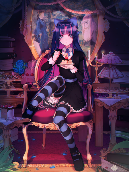 Anime picture 900x1200 with panty & stocking with garterbelt anarchy stocking mazamuno oncha single long hair tall image looking at viewer blush fringe blue eyes sitting holding signed pink hair purple hair full body bent knee (knees) indoors blunt bangs