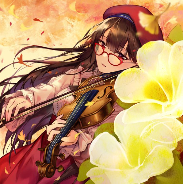 Anime picture 1400x1408 with original pierorabu single long hair tall image looking at viewer blush fringe open mouth hair between eyes red eyes brown hair standing holding looking away wind girl flower (flowers) glasses leaf (leaves)