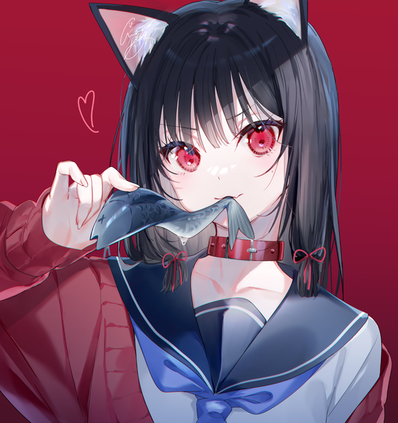 Anime picture 1411x1500 with original miwano rag single long hair tall image looking at viewer fringe black hair simple background red eyes holding animal ears upper body blunt bangs long sleeves arm up cat ears off shoulder mole cat girl