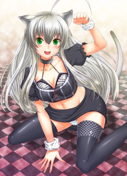 Anime picture 850x1170 with haiyore! nyaruko-san nyaruko bug (artist) single long hair tall image looking at viewer open mouth light erotic animal ears silver hair ahoge tail animal tail cat ears cat girl cat tail pantyshot sitting checkered floor girl