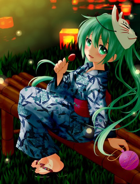 Anime picture 1500x1970 with vocaloid hatsune miku terun (artist) long hair tall image blush twintails green eyes traditional clothes japanese clothes green hair mask on head girl kimono obi mask water yoyo