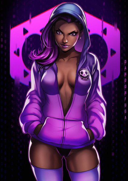 Anime picture 630x891 with overwatch blizzard entertainment sombra (overwatch) dandon fuga single long hair tall image looking at viewer breasts light erotic purple eyes signed cleavage purple hair realistic mole no bra mole under eye lipstick thighs