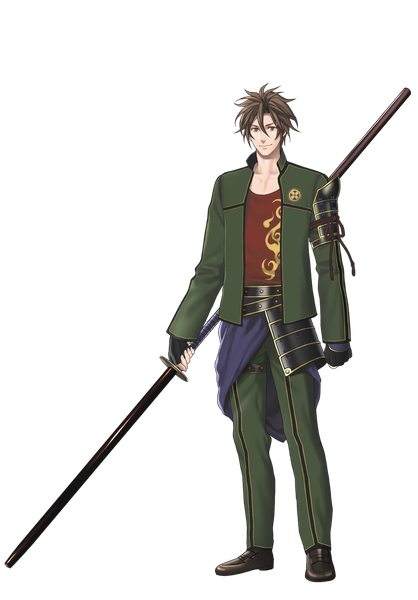 Anime picture 800x1148 with touken ranbu nitroplus otegine minato (robin) single tall image looking at viewer short hair smile brown hair brown eyes full body official art transparent background boy weapon armor huge weapon