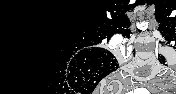 Anime picture 1920x1030 with touhou futatsuiwa mamizou sunatoshi single looking at viewer highres short hair simple background smile wide image animal ears tail animal tail wallpaper black background monochrome shaded face :q outline raccoon ears