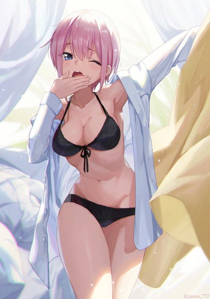 Anime picture 1435x2039 with go-toubun no hanayome nakano ichika sooon single tall image looking at viewer blush fringe short hair breasts open mouth blue eyes light erotic hair between eyes large breasts standing signed pink hair cleavage one eye closed