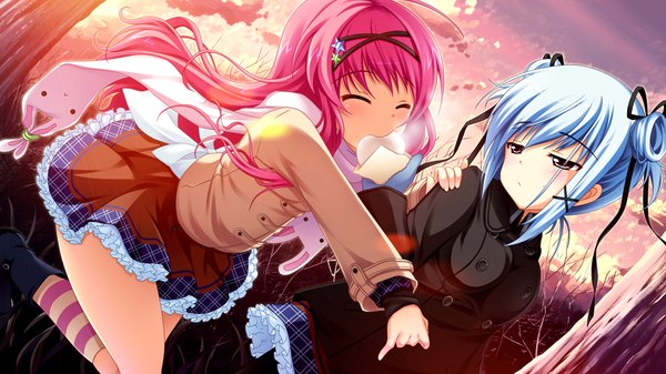 Anime picture 1280x720 with asa project ren'ai 0 kilometer kinomoto hana kinomoto nokia panta (artist) yuunagi seshina long hair short hair red eyes wide image multiple girls blue hair pink hair game cg girl 2 girls scarf