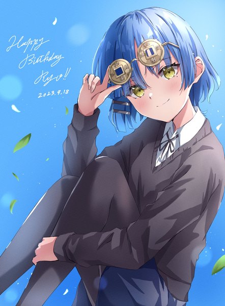 Anime picture 1508x2048 with bocchi the rock! cloverworks yamada ryou kikugawa roku single tall image looking at viewer blush short hair smile yellow eyes blue hair mole character names mole under eye dated happy birthday glasses on head girl uniform