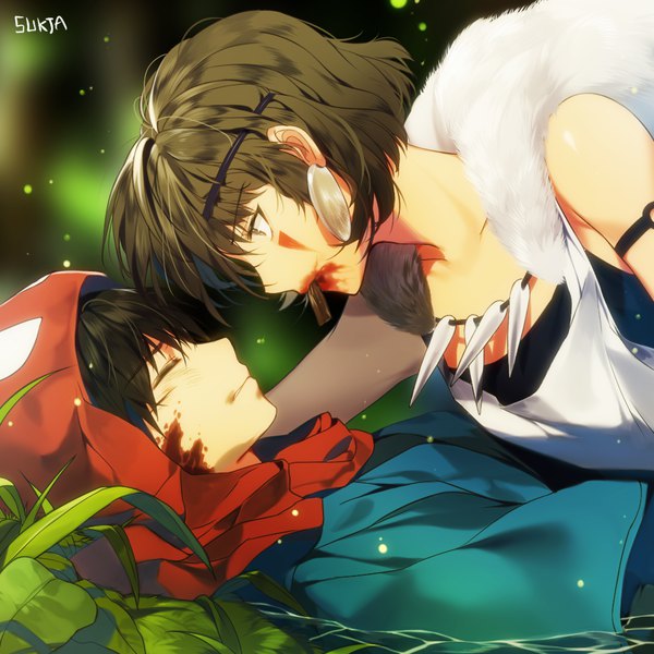 Anime picture 1024x1024 with mononoke hime studio ghibli san ashitaka sorolp short hair black hair brown hair holding brown eyes signed eyes closed mouth hold face to face blood on face face paint girl boy plant (plants) earrings