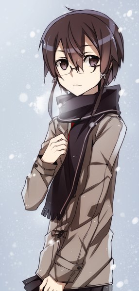 Anime picture 477x1000 with sword art online a-1 pictures asada shino jianmo sl single tall image short hair brown hair looking away wind black eyes grey background snowing exhalation girl glasses scarf coat