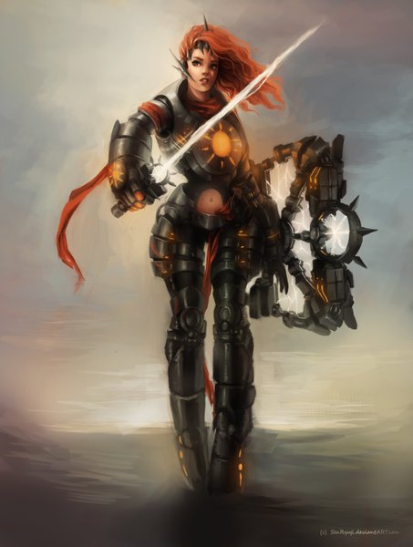 Anime picture 2500x3305 with league of legends leona (league of legends) senryuji single long hair tall image highres brown hair standing brown eyes looking away wind girl weapon sword armor shield