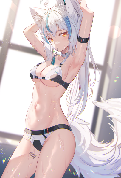 Anime picture 1952x2884 with original f (milfaaaaa) single long hair tall image looking at viewer fringe highres breasts light erotic hair between eyes standing holding animal ears payot ahoge white hair ponytail indoors tail