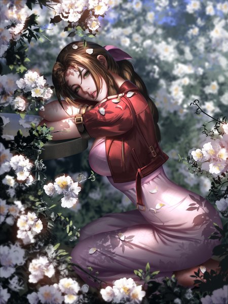 Anime picture 3000x4000 with final fantasy final fantasy vii final fantasy vii remake square enix aerith gainsborough liang xing single long hair tall image looking at viewer fringe highres breasts hair between eyes brown hair large breasts sitting green eyes full body bent knee (knees)